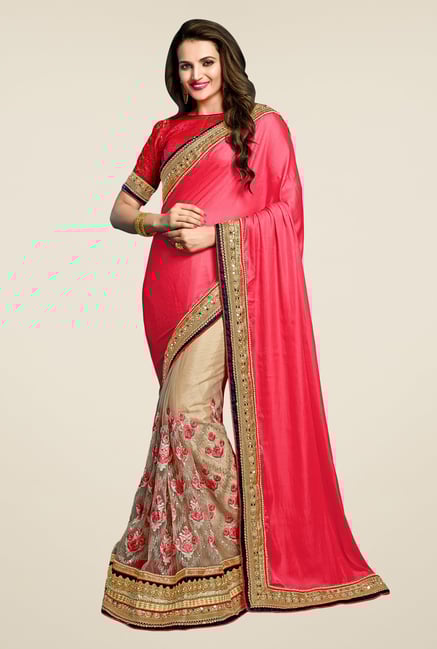 Triveni Appealing Beige & Coral Bamber Chiffon Saree Triveni Appealing Beige & Coral Bamber Chiffon Saree