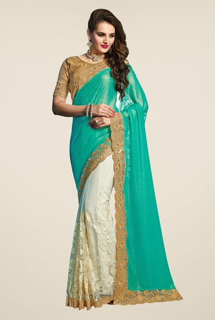 Triveni Graceful Off White & Teal Bamber Chiffon Saree Triveni Graceful Off White & Teal Bamber Chiffon Saree