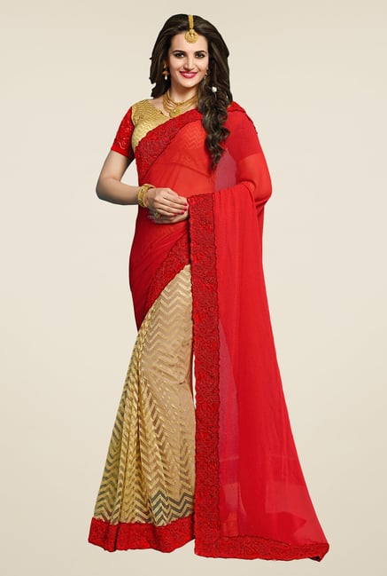 Triveni Amusing Beige & Red Bamber Georgette Saree Triveni Amusing Beige & Red Bamber Georgette Saree