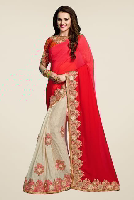 Triveni Fashionable Cream & Red Bamber Chiffon Saree Triveni Fashionable Cream & Red Bamber Chiffon Saree