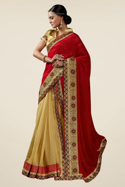 Triveni Fabulous Beige & Red Faux Georgette Saree Triveni Fabulous Beige & Red Faux Georgette Saree