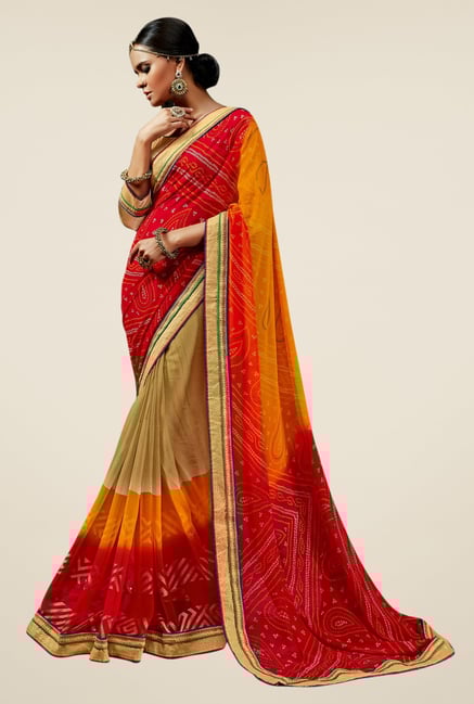 Triveni Divine Beige & Red Georgette Chiffon Saree Triveni Divine Beige & Red Georgette Chiffon Saree