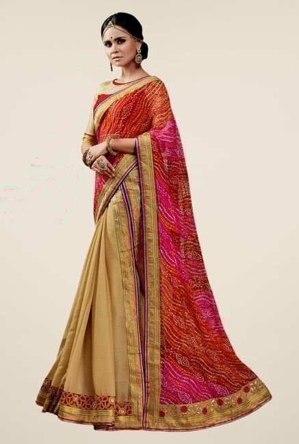 Triveni Sophisticated Beige & Red Chiffon Net Saree Triveni Sophisticated Beige & Red Chiffon Net Saree