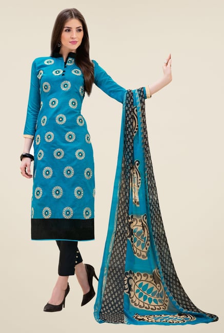 Triveni Amusing Blue & Black Chanderi Cotton Dress Material Triveni Amusing Blue & Black Chanderi Cotton Dress Material