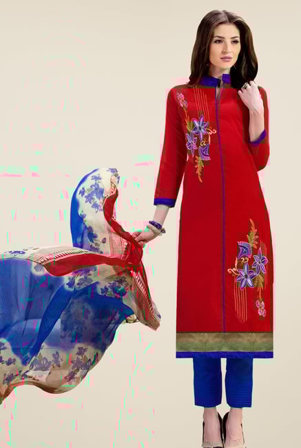 Triveni Fanciful Red & Blue Chanderi Cotton Dress Material Triveni Fanciful Red & Blue Chanderi Cotton Dress Material