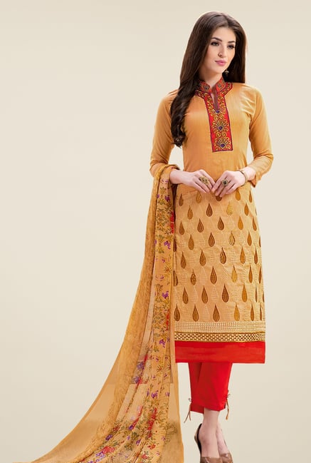 Triveni Amiable Yellow & Red Chanderi Cotton Dress Material Triveni Amiable Yellow & Red Chanderi Cotton Dress Material