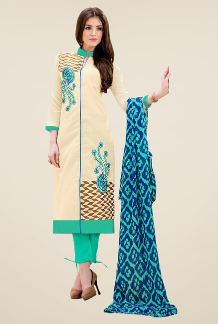 Triveni Good-looking Beige & Sea Green Dress Material Triveni Good-looking Beige & Sea Green Dress Material