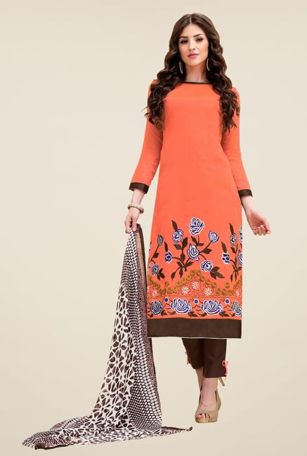 Triveni Picturesque Orange & Brown Dress Material Triveni Picturesque Orange & Brown Dress Material