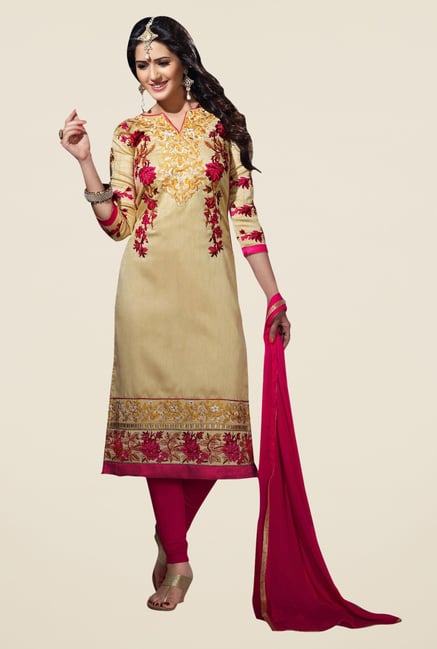 Triveni Fashionable Beige & Magenta Dress Material Triveni Fashionable Beige & Magenta Dress Material