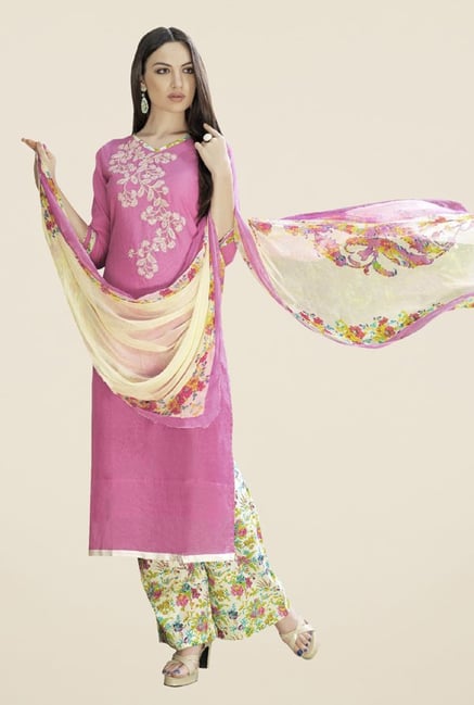 Triveni Exuberant Pink & Beige Satin Cotton Dress Material Triveni Exuberant Pink & Beige Satin Cotton Dress Material