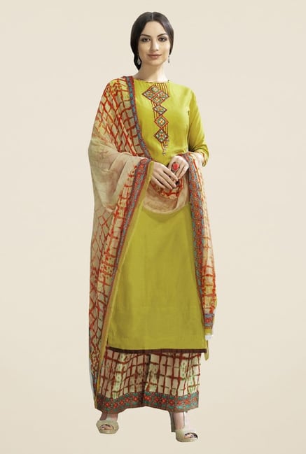 Triveni Striking Green & Beige Satin Cotton Dress Material Triveni Striking Green & Beige Satin Cotton Dress Material