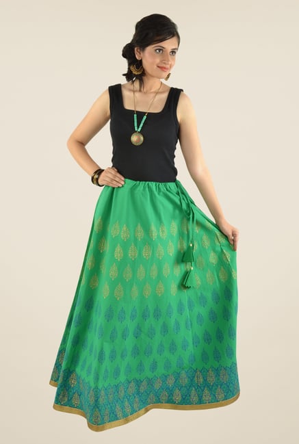 9rasa Green Block Print Flared Skirt 9rasa Green Block Print Flared Skirt