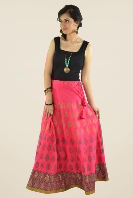 9rasa Fuchsia Block Print Flared Skirt 9rasa Fuchsia Block Print Flared Skirt