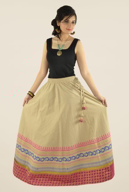 9rasa Beige Printed Flared Skirt 9rasa Beige Printed Flared Skirt