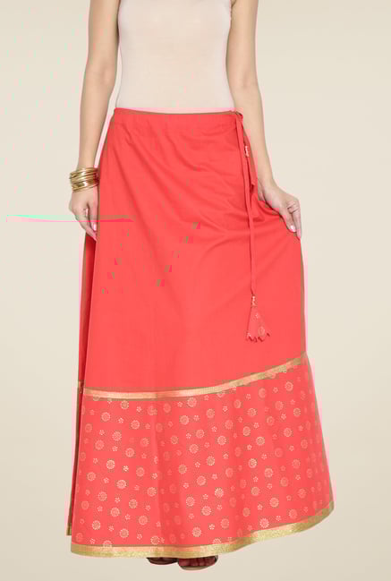 9rasa Red Block Print Flared Skirt 9rasa Red Block Print Flared Skirt