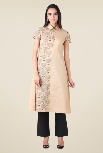 9rasa Beige & Black Block Print A Line Kurta Set 9rasa Beige & Black Block Print A Line Kurta Set