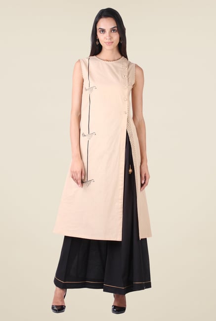 9rasa Beige & Black Printed Kurta Sharara Set 9rasa Beige & Black Printed Kurta Sharara Set