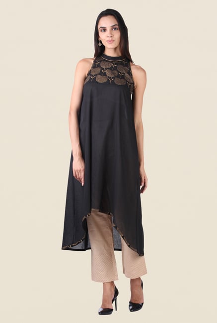 9rasa Black & Beige Block Printed Kurta Set 9rasa Black & Beige Block Printed Kurta Set