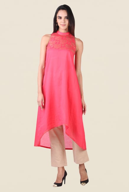 9rasa Coral & Beige Block Printed Kurta Set 9rasa Coral & Beige Block Printed Kurta Set