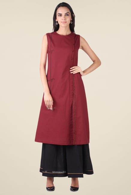9rasa Maroon & Black Solid Kurta Sharara Set 9rasa Maroon & Black Solid Kurta Sharara Set