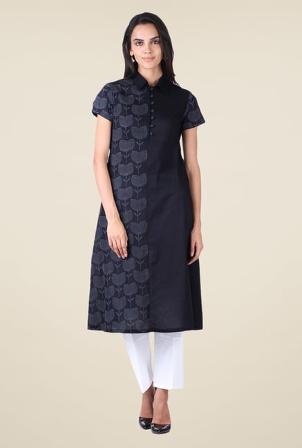 9rasa Navy & White Block Print A Line Kurta Set 9rasa Navy & White Block Print A Line Kurta Set