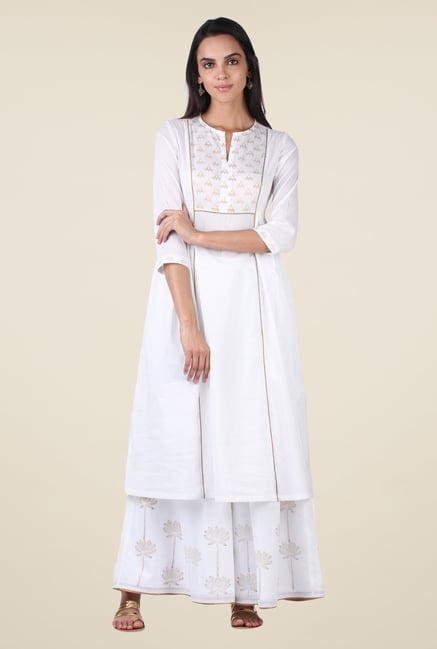 9rasa Off White Block Print Kurta Sharara Set 9rasa Off White Block Print Kurta Sharara Set