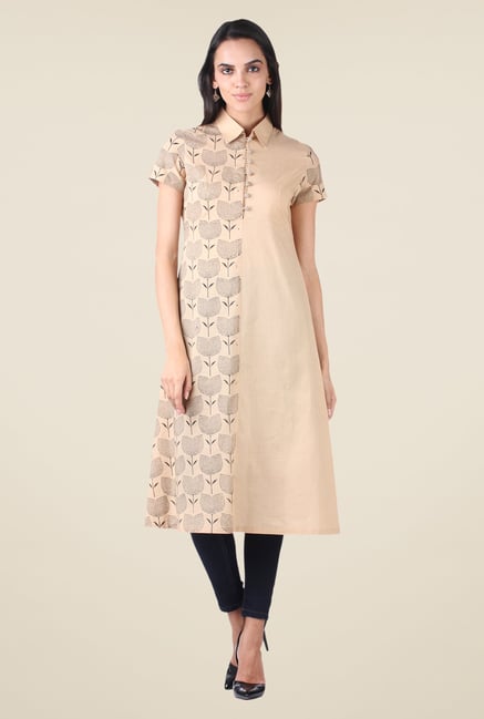 9rasa Beige Block Print A Line Kurta 9rasa Beige Block Print A Line Kurta