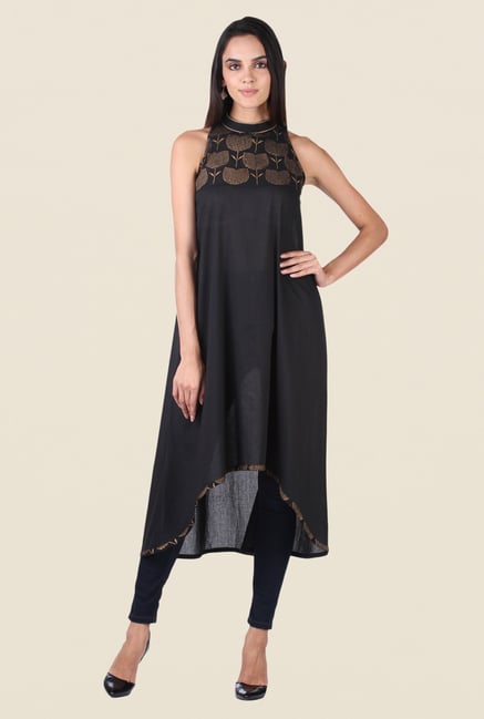 9rasa Black Block Print Yoke Kurta 9rasa Black Block Print Yoke Kurta
