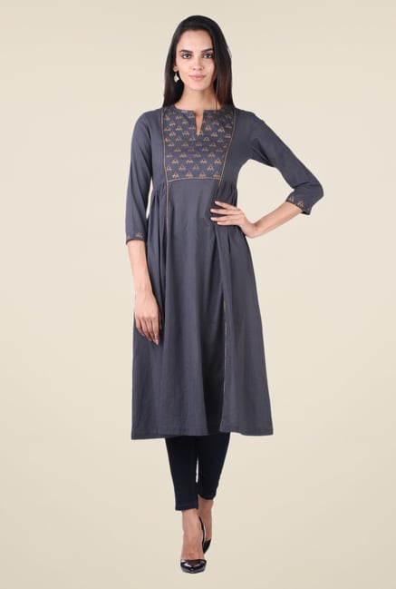 9rasa Dark Grey Block Print Side Gathered Kurta 9rasa Dark Grey Block Print Side Gathered Kurta