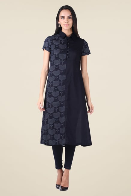 9rasa Navy Block Print A Line Kurta 9rasa Navy Block Print A Line Kurta