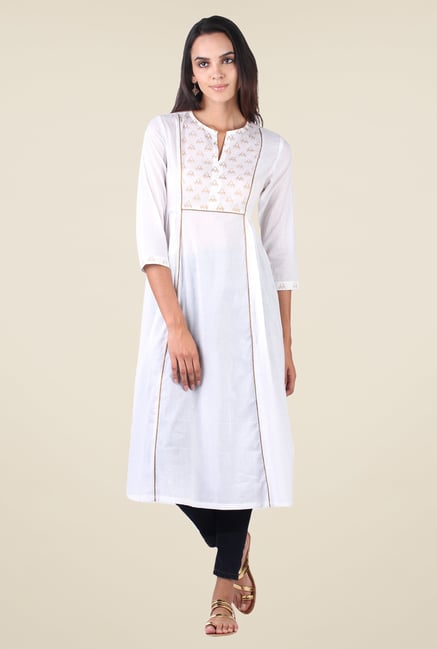 9rasa Off White Block Print Side Gathered Kurta 9rasa Off White Block Print Side Gathered Kurta