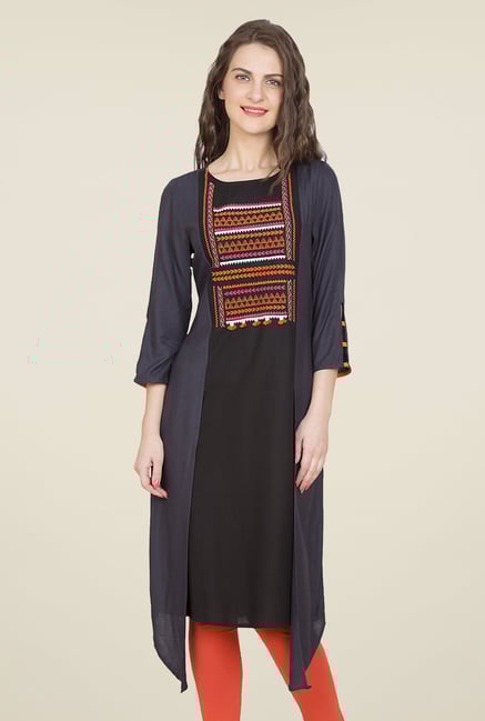 Desi Belle Black & Grey Embroidered Kurti Desi Belle Black & Grey Embroidered Kurti
