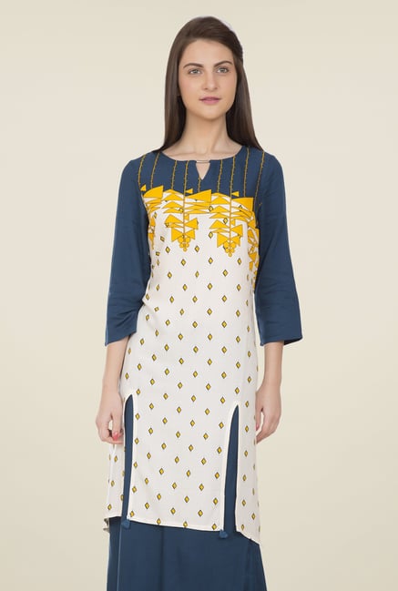 Desi Belle Off White & Blue Printed Kurti Desi Belle Off White & Blue Printed Kurti