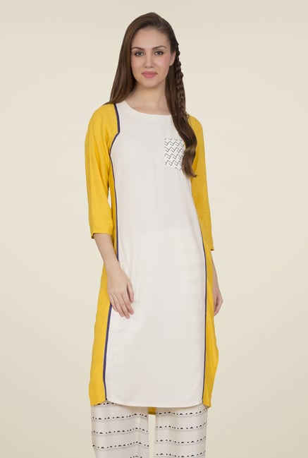Desi Belle Off White & Yellow Solid Kurti Desi Belle Off White & Yellow Solid Kurti