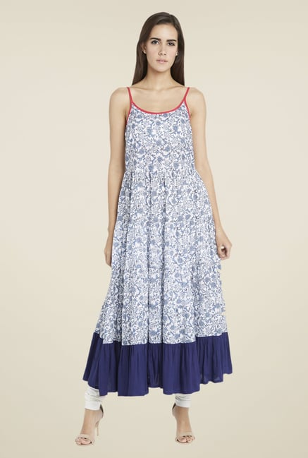 Globus White & Blue Floral Print Anarkali Kurta Globus White & Blue Floral Print Anarkali Kurta