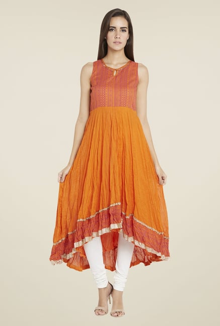 Globus Orange Crushed Printed Anarkali Kurta Globus Orange Crushed Printed Anarkali Kurta
