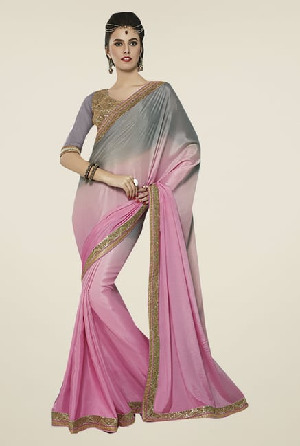 Ishin Pink & Grey Faux Georgette & Chiffon Saree Ishin Pink & Grey Faux Georgette & Chiffon Saree