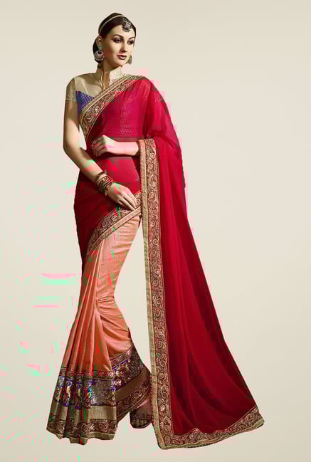 Ishin Peach & Red Faux Georgette Jari Embroidered Saree Ishin Peach & Red Faux Georgette Jari Embroidered Saree