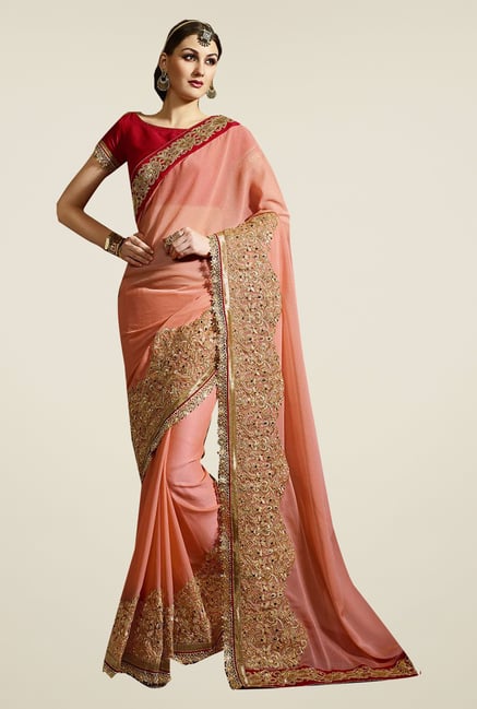 Ishin Peach Faux Georgette Embroidered Saree Ishin Peach Faux Georgette Embroidered Saree