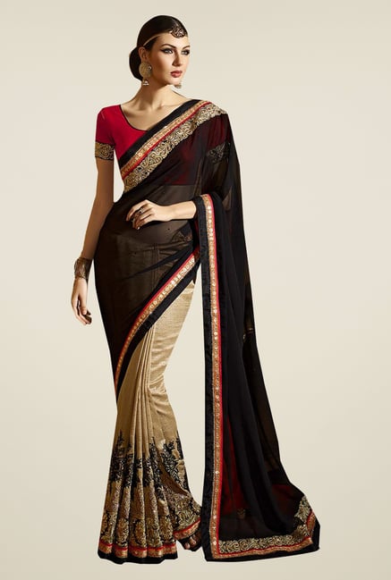 Ishin Beige & Black Faux Georgette Embroidered Saree Ishin Beige & Black Faux Georgette Embroidered Saree