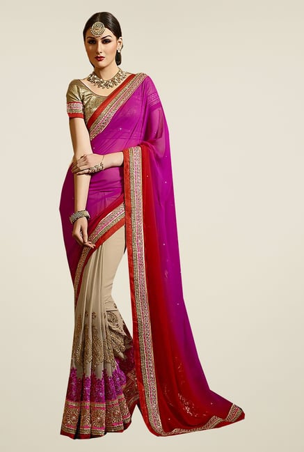 Ishin Beige & Pink Faux Georgette Embroidered Saree Ishin Beige & Pink Faux Georgette Embroidered Saree