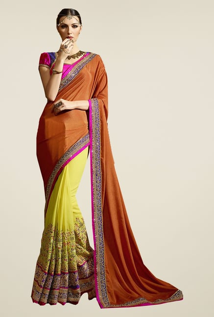 Ishin Yellow & Orange Faux Georgette & Chiffon Saree Ishin Yellow & Orange Faux Georgette & Chiffon Saree