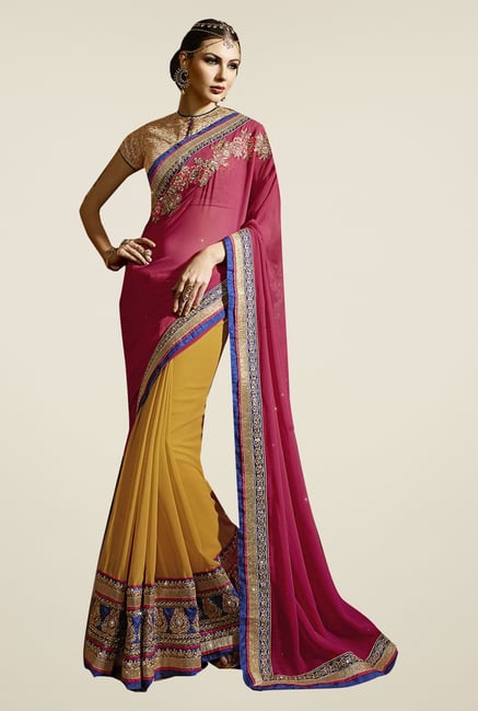 Ishin Yellow & Pink Faux Georgette Embroidered Saree Ishin Yellow & Pink Faux Georgette Embroidered Saree