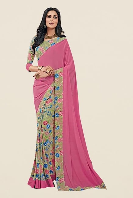 Ishin Pink & Beige Faux Crepe Printed Saree Ishin Pink & Beige Faux Crepe Printed Saree