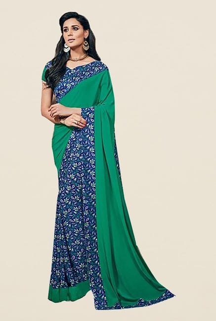 Ishin Blue & Green Faux Crepe Printed Saree Ishin Blue & Green Faux Crepe Printed Saree