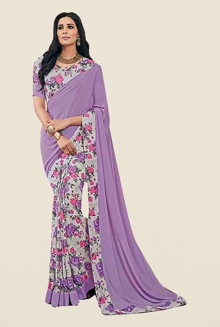 Ishin Purple Faux Crepe Printed Saree Ishin Purple Faux Crepe Printed Saree