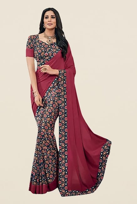 Ishin Maroon & Blue Faux Crepe Printed Saree Ishin Maroon & Blue Faux Crepe Printed Saree