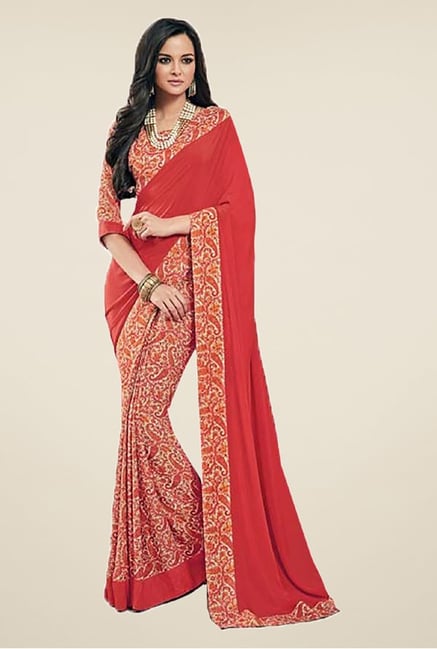 Ishin Red & Beige Faux Crepe Paisley Print Saree Ishin Red & Beige Faux Crepe Paisley Print Saree