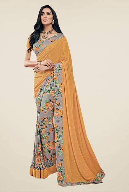 Ishin Mustard & Grey Faux Crepe Printed Saree Ishin Mustard & Grey Faux Crepe Printed Saree