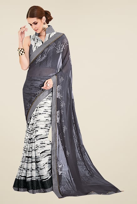 Ishin Grey & White Georgette & Crepe Printed Saree Ishin Grey & White Georgette & Crepe Printed Saree